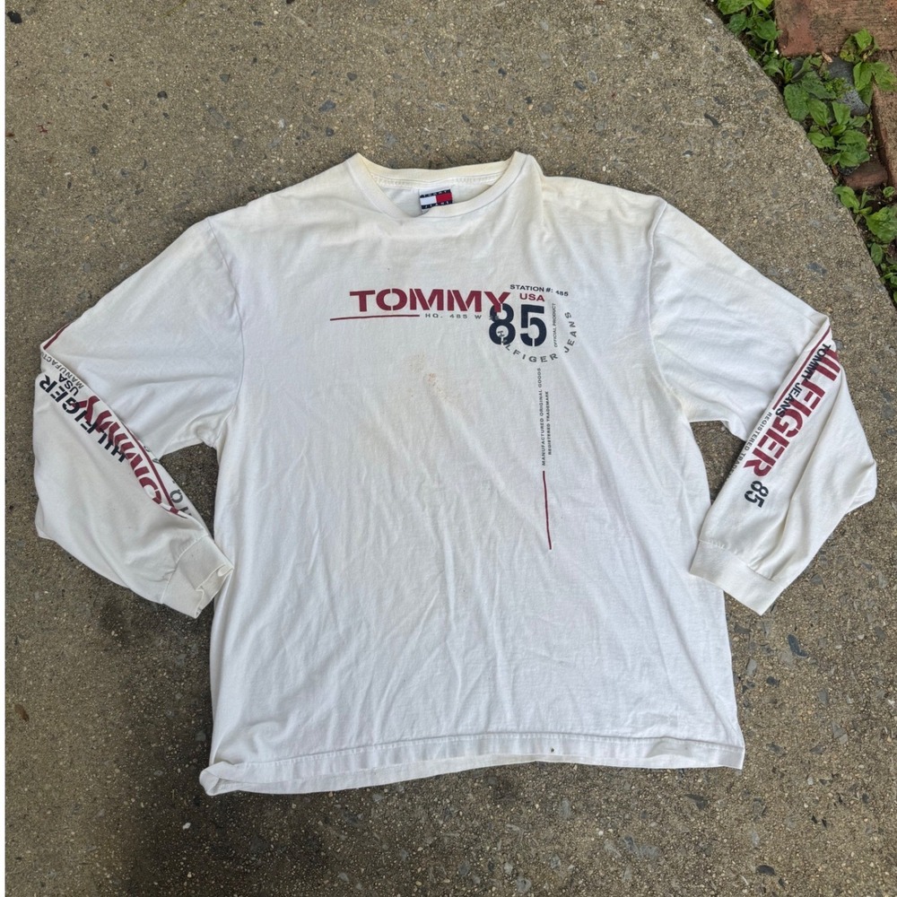 Tommy Hilfiger Jeans Mens‎ White Long Sleeve Graphic T-Shirt XL Vintage 90s USA